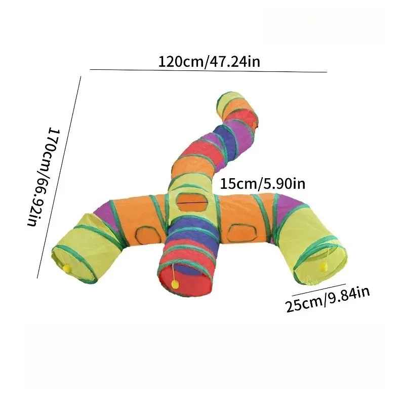 Tunnel multicolore pour chat en forme de T avec dimensions indiquées

