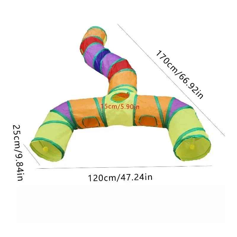 Tunnel multicolore pour chat vu sous un autre angle avec dimensions indiquées
