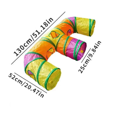 Tunnel multicolore pour chat en forme de L avec dimensions indiquées

