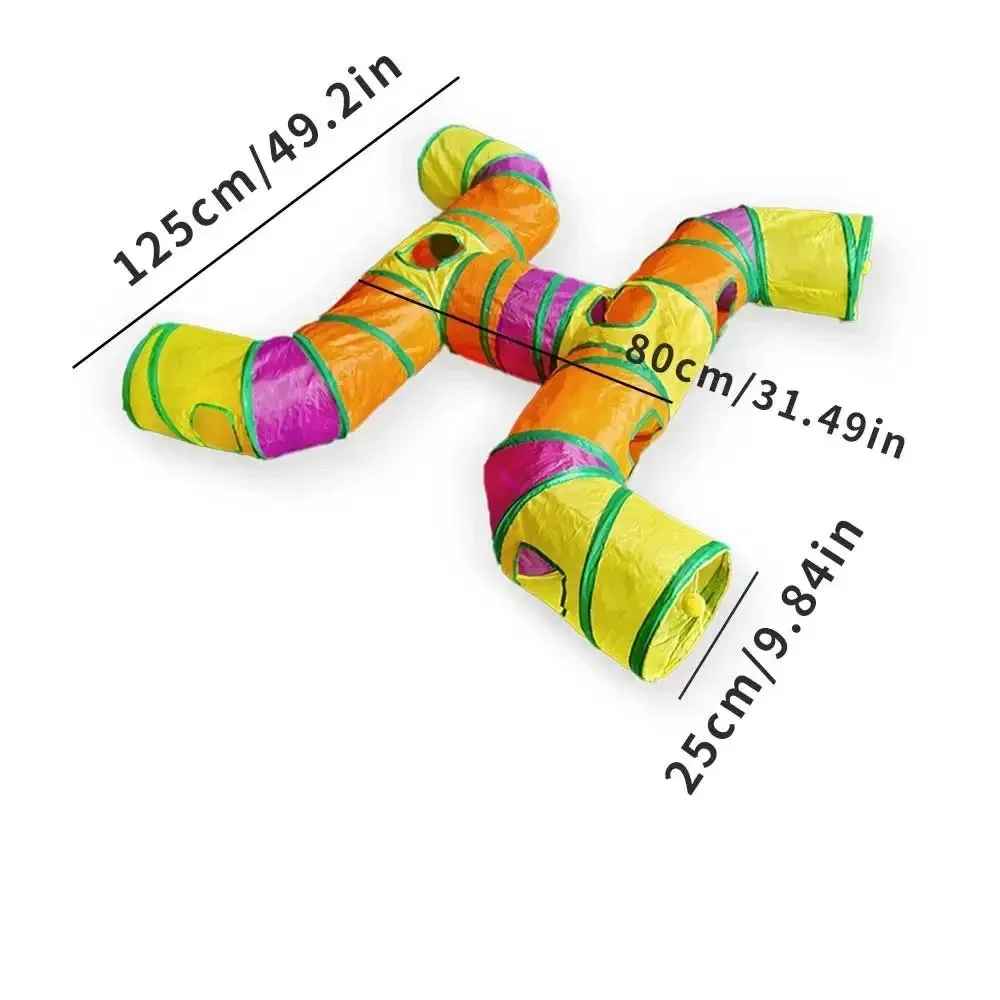 Tunnel multicolore pour chat en forme de H avec dimensions indiquées
