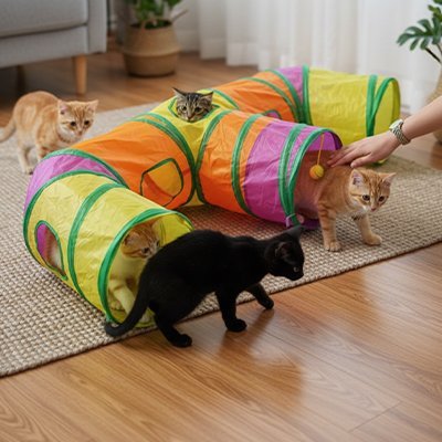 Tunnel pour chat multicolore avec trois entrées dans un salon
