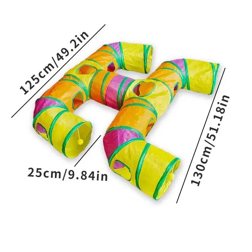 Tunnel multicolore pour chat à quatre branches avec dimensions indiquées
