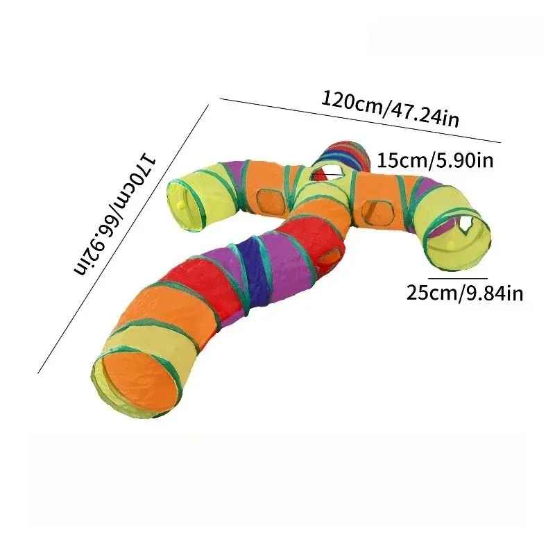 Tunnel multicolore pour chat style B avec dimensions indiquées
