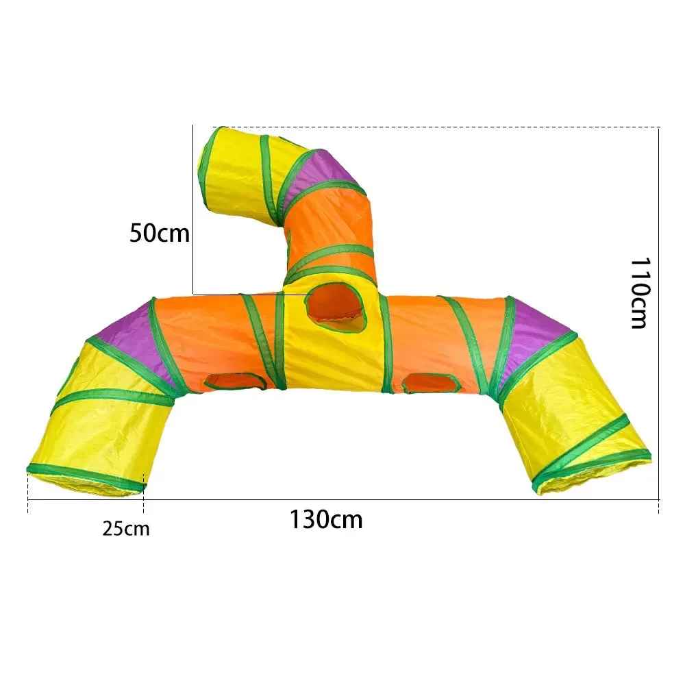 Tunnel multicolore pour chat à trois branches avec dimensions indiquées

