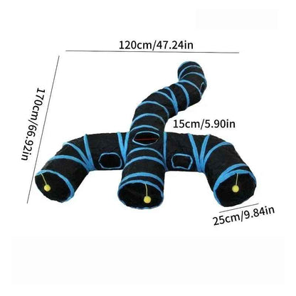 Tunnel noir et bleu pour chat en forme de T avec dimensions indiquées
