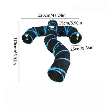 Tunnel noir et bleu pour chat avec dimensions indiquées en cm et en pouces
