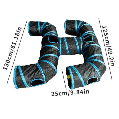 Tunnel noir et bleu pour chat en forme de double T avec dimensions indiquées
