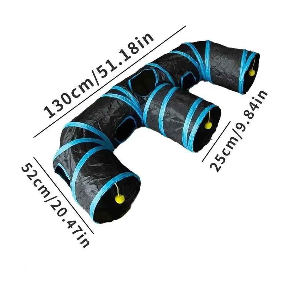 Tunnel noir et bleu pour chat en forme de E avec dimensions indiquées

