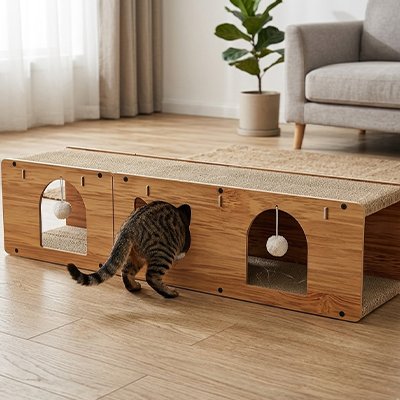 chat entrant dans un tunnel griffoir en bois