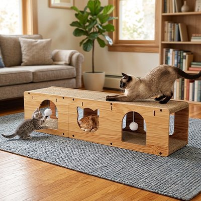 chat qui joue sur un tunnel griffoir en bois